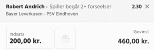 Kuponscreenshot: Robert Andrich begår 2+ forseelser i Leverkusen-PSV til odds 2,30