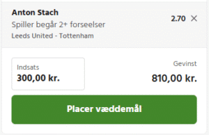 Kuponscreenshot: Anton Stach begår 2+ forseelser i Leeds-Tottenham til odds 2,70