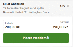 Kuponscreenshot: 2+ forseelser begået mod Elliot Anderson i Newcastle-Nottingham Forest, odds 1,95