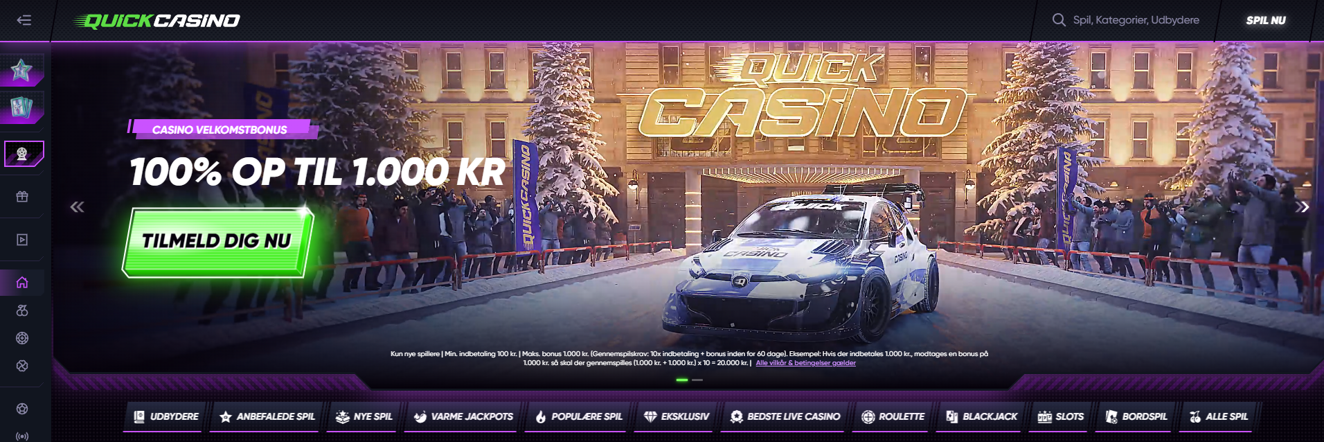CasinoMotos forside med velkomstbonus 100 % op til 1.000 kr. og menu med spilkategorier