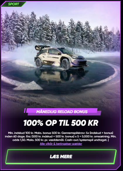 CasinoMoto-kampagne: månedlig reload-bonus 100 % op til 500 kr.
